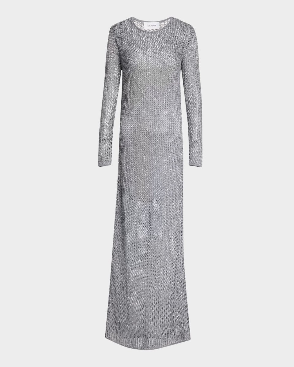 Sequin Mesh Knit Long-Sleeve Gown With Slip